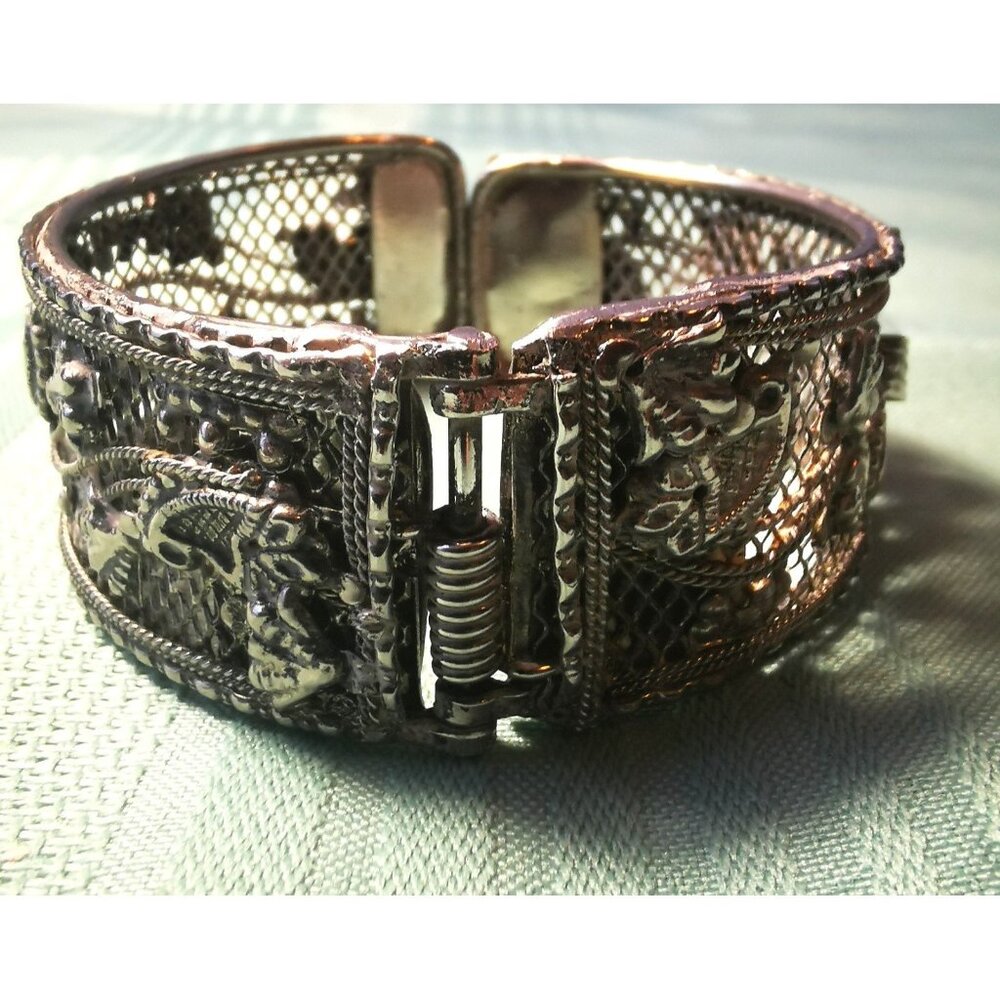 Asian Dragon Cuff Bracelet Vintage Intricate - Silver Tone Mesh Statement Piece
